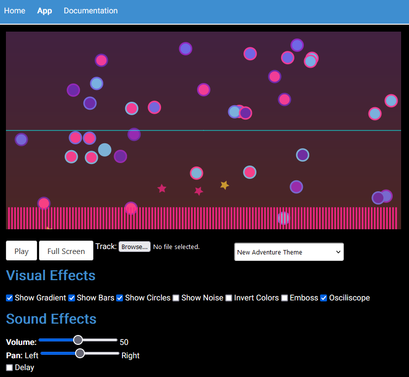 A pink, purple, and blue audio visualizer full of stars and shapes.