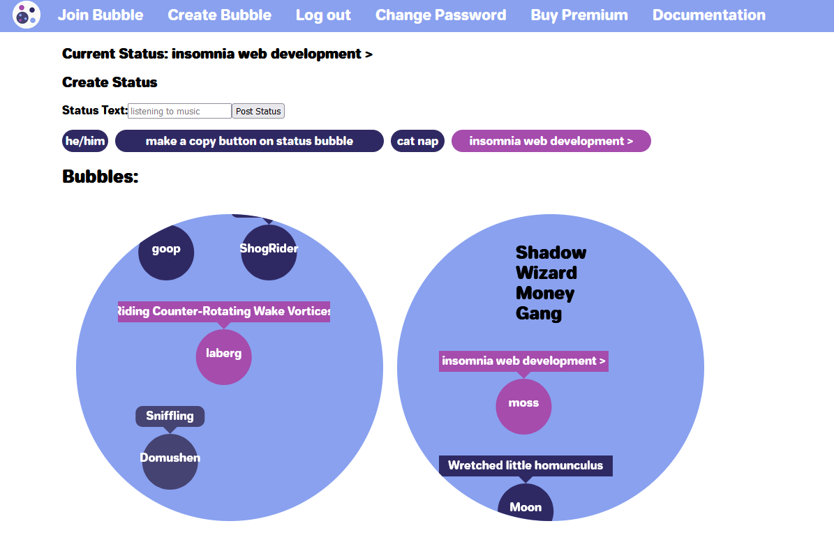 Social media app bubbles, with navigation for joining and leaving bubbles, and circles displayed containing groups of members, and their silly statuses.