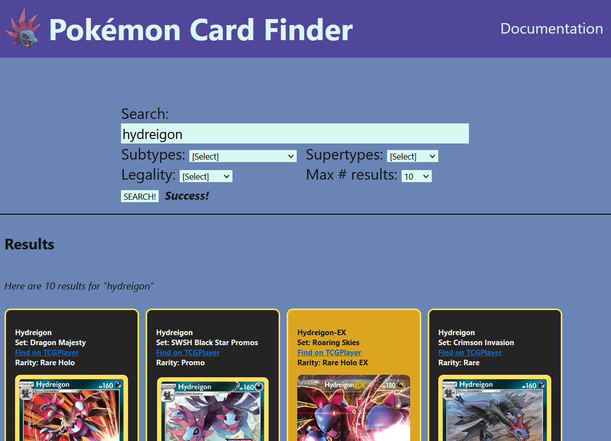 A list of search options for pokemon cards, and results full of pokemon cards.